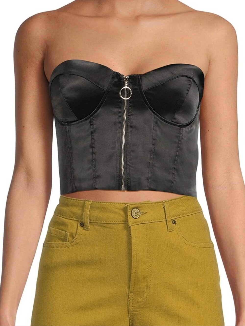 Love X Design Black Satin Strapless Zip-Front Crop Top